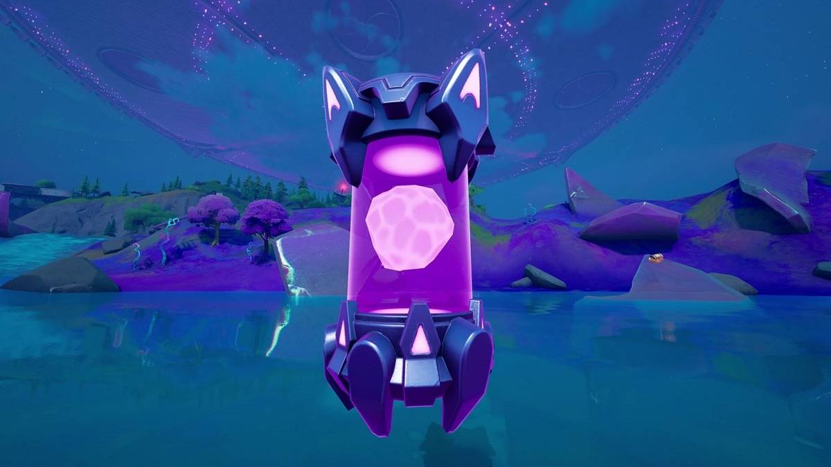 glowing purple canister hovering over lake in fortnite