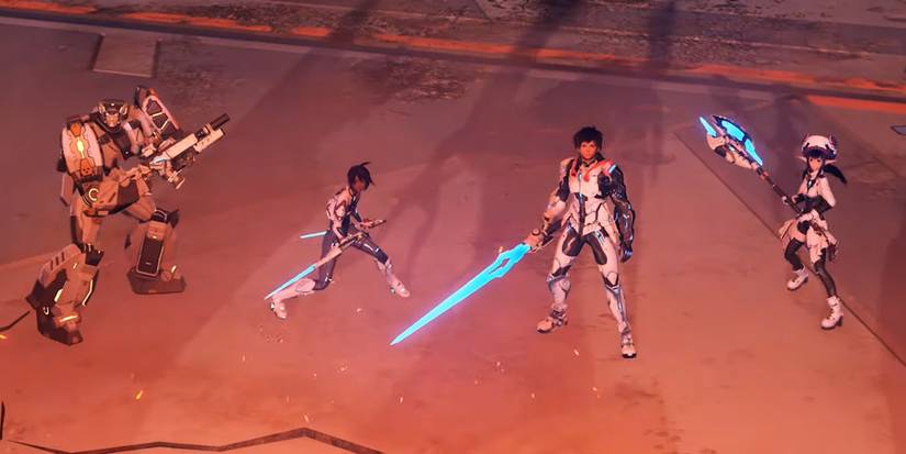 Four characters preparing to fight