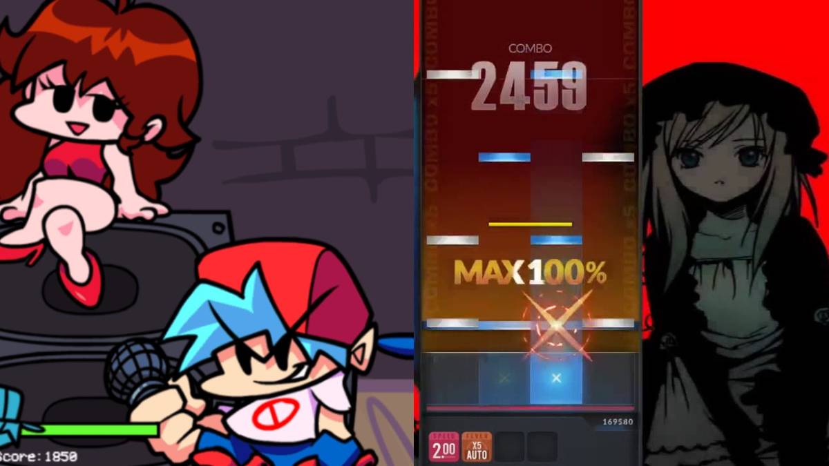 Split image: a girl and a boy stand next to a speaker/ a girl stands next to a scoreboard