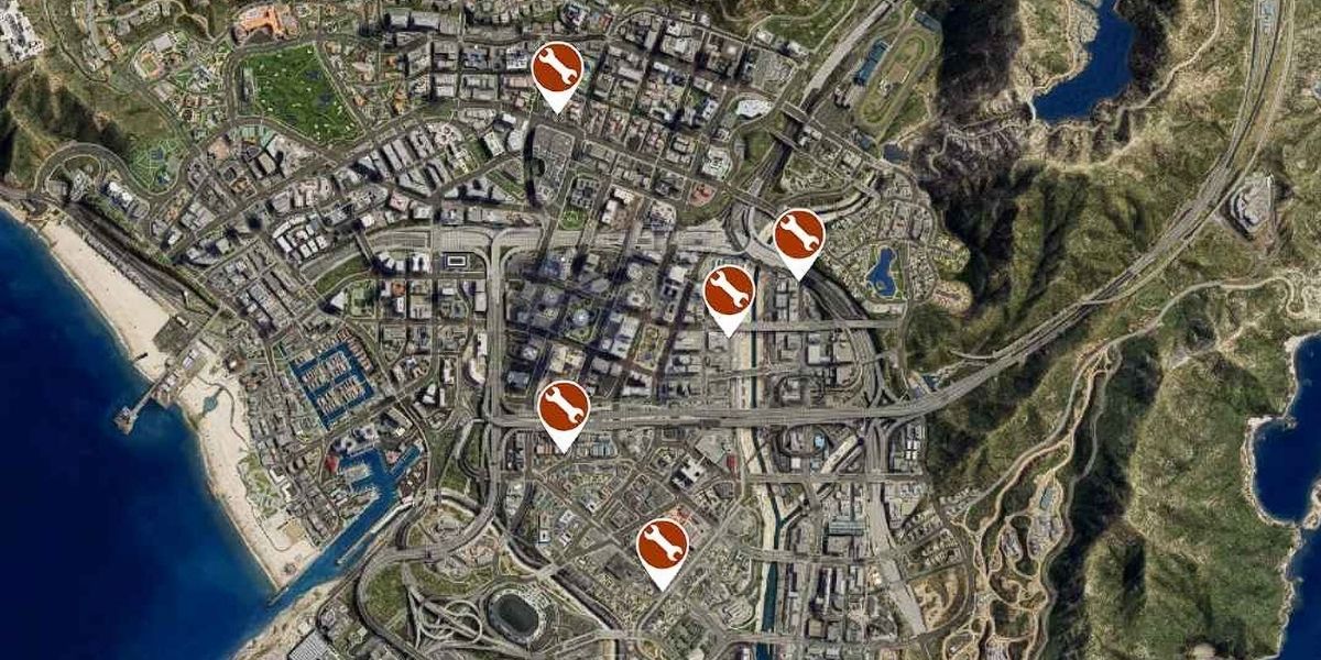 GTA Online map showing auto shop locations