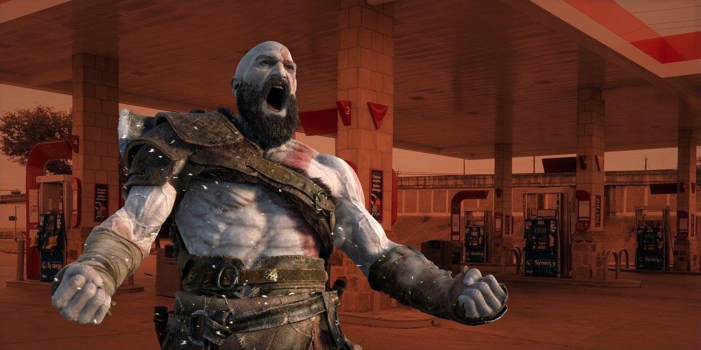 kratos raging in front of a gas station