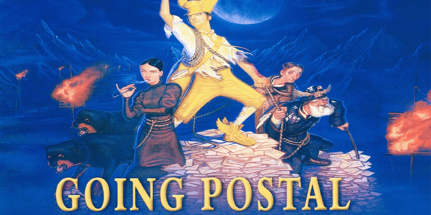 Cover of Terry Pratchett's novel featuring the characters in Going Postal