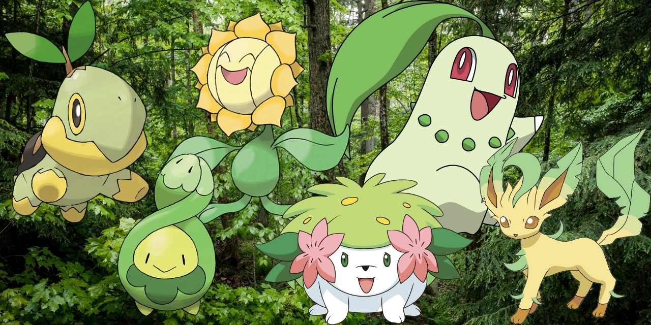 Turtwig, Sunflora, Chikorita on the top row and Budew, Shaymin, Leafeon on bottom row against a forest