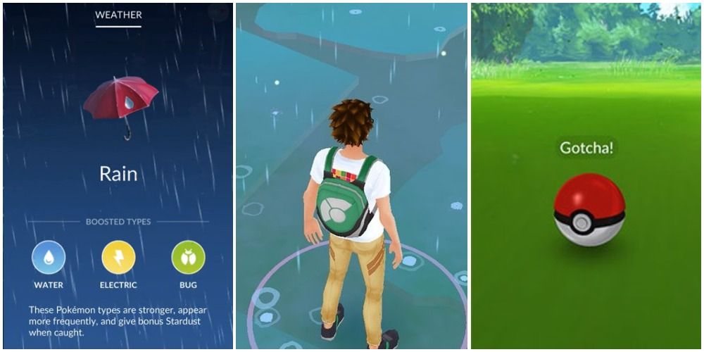 A trainer in rainy weather in Pokemon GO.
