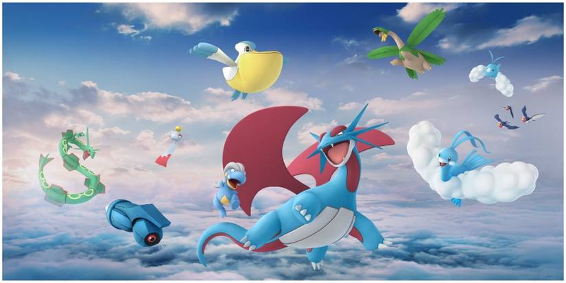 A bunch of dragon type Pokemon in the sky.