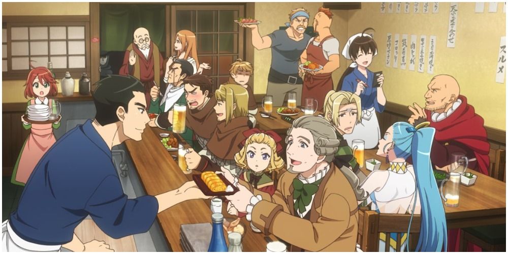 A large group of people dining together in Isekai Izakaya: Japanese Food From Another World