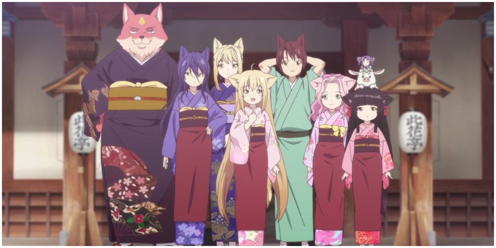 A group of fox spirits standing outside a traditional Japanese hotspring.