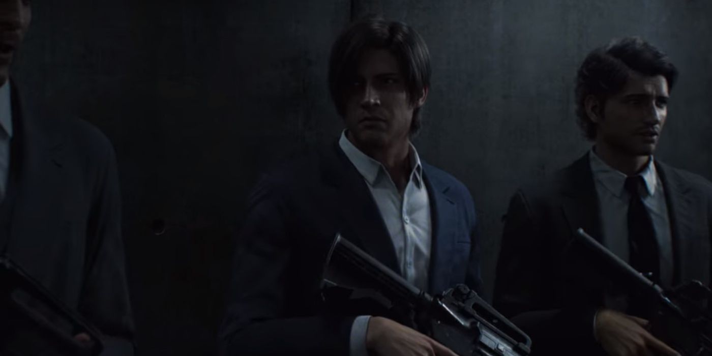Leon holding a firearm