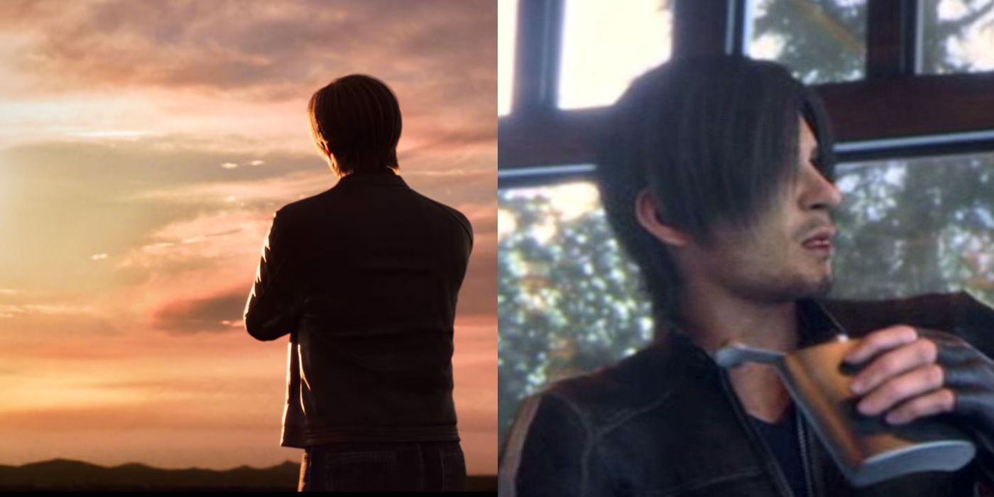 Leon in Infinite Darkness looking at a sunset versus Leon drinking in Vendetta
