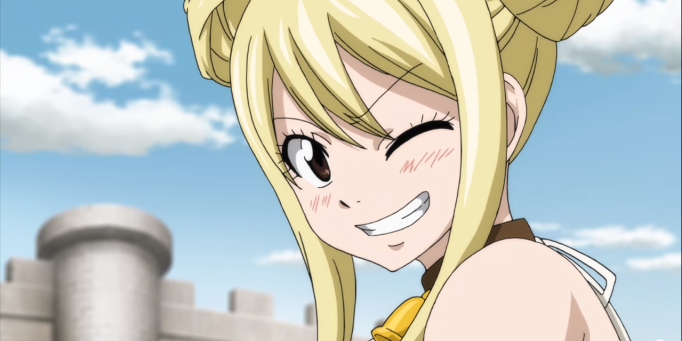 Lucy Heartfilia in buns winking Fairy Tail