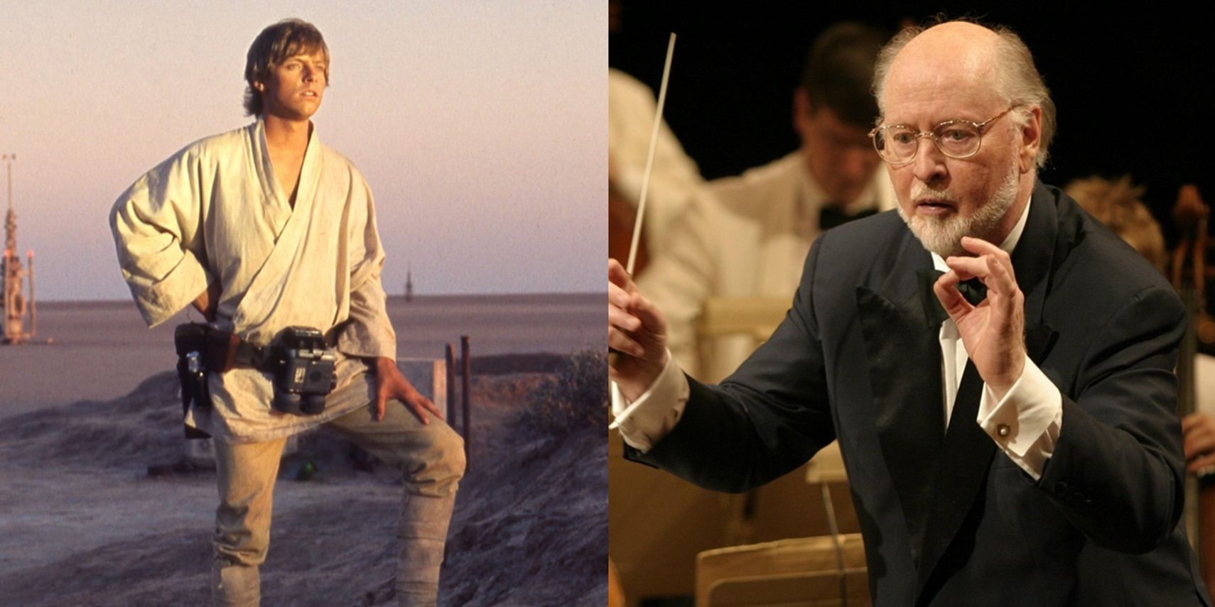 Luke Skywalker watching the sunset and John Williams conducting