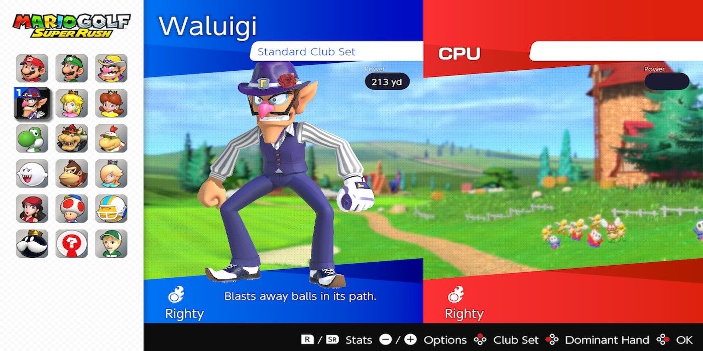 Waluigi on the character select screen from Mario Golf: Speed Rush