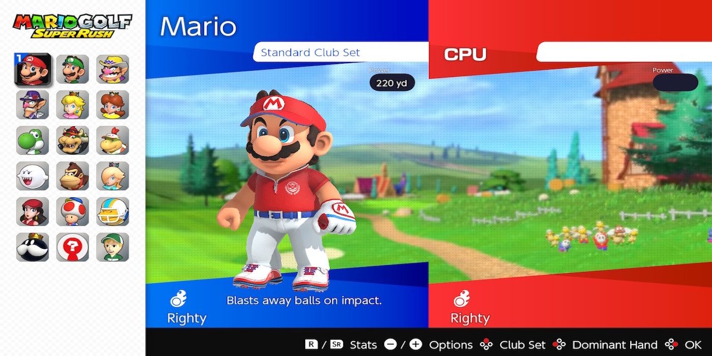 Mario on the character select screen from Mario Golf: Speed Rush
