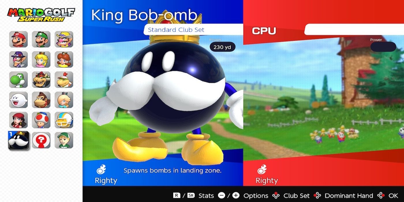 king bob-omb on the character select screen from Mario Golf: Speed Rush