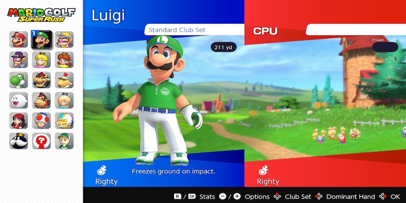 Luigi on the character select screen from Mario Golf: Speed Rush