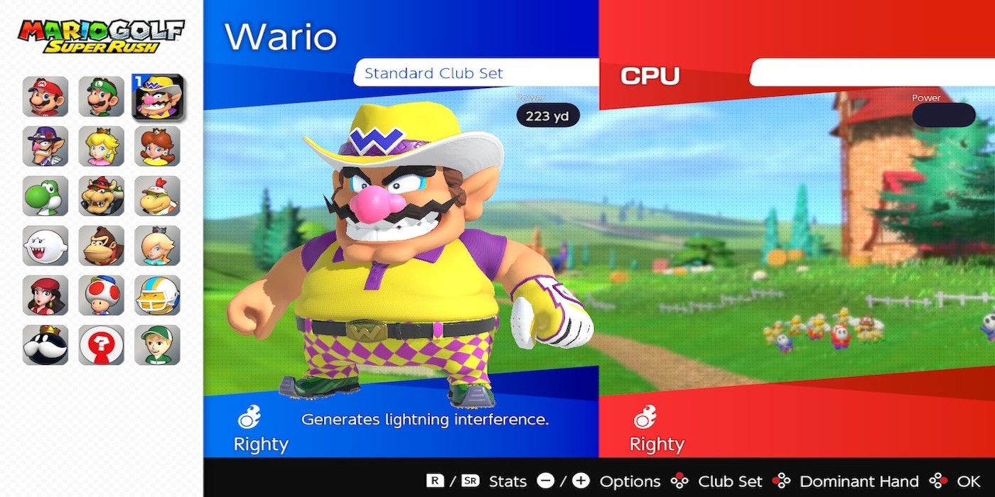 Wario on the character select screen from Mario Golf: Speed Rush