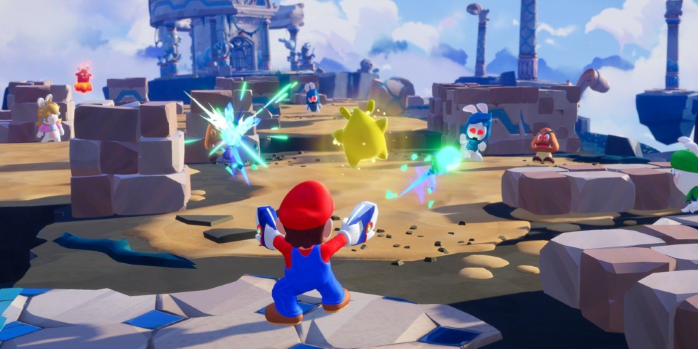 Mario + Rabbids Sparks of Hope Марио стреляет по врагам с двумя руками на этапе боя