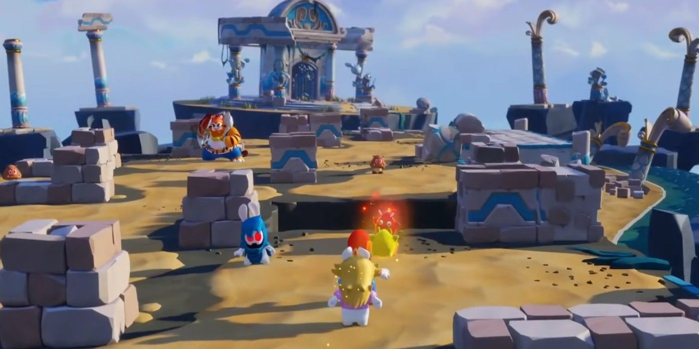 Mario + Rabbids Sparks of Hope battle Rabbid Peach running through desert battle arena