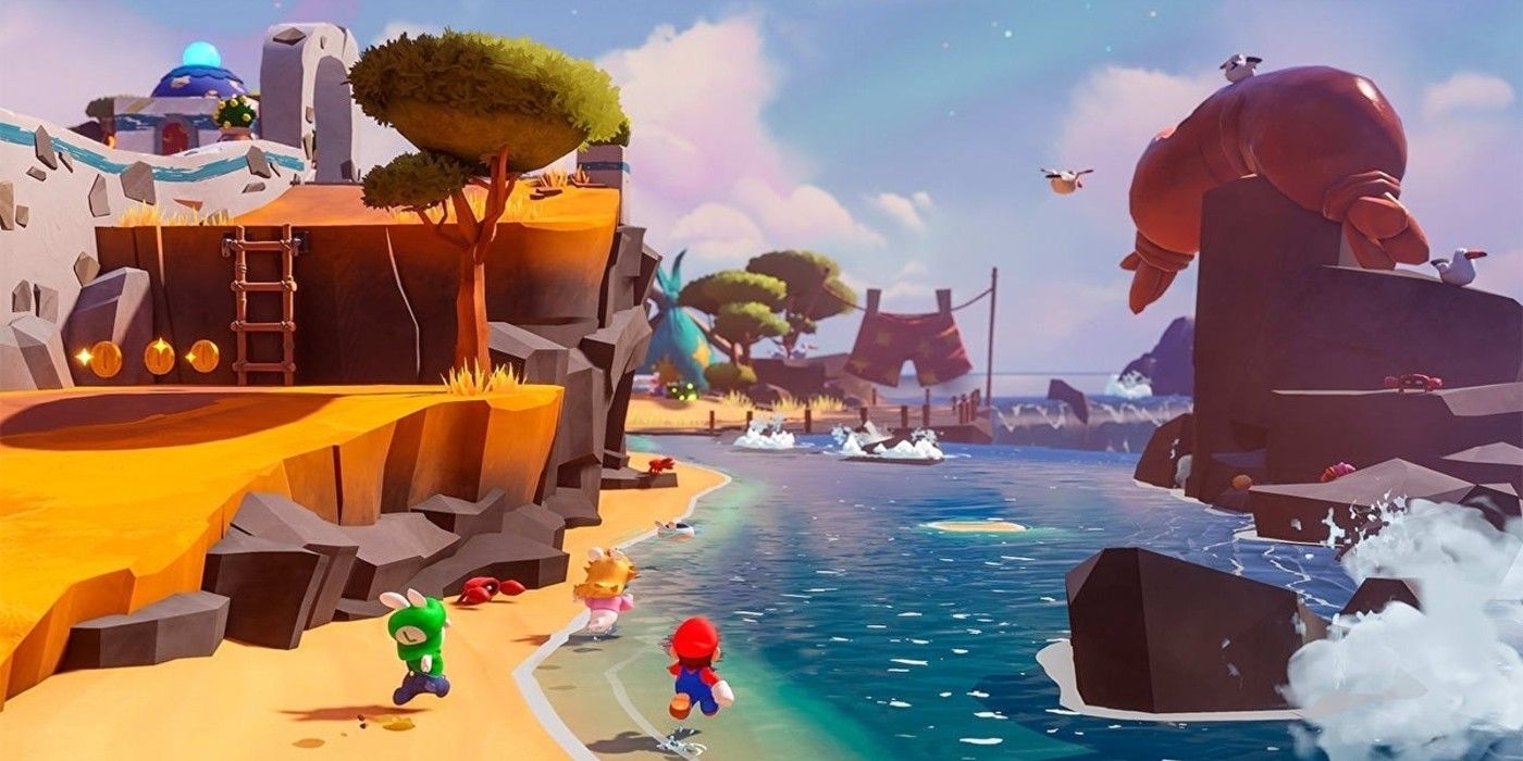 Mario + Rabbids Sparks of Hope running through beach overworld environment