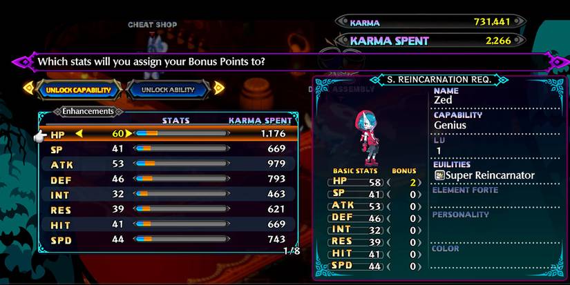 Using Karma to upgrade stats after Super Reincarnation