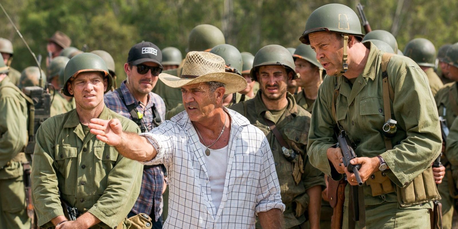 Mel Gibson, Sam Worthington, and Vince Vaughn in Hacksaw Ridge