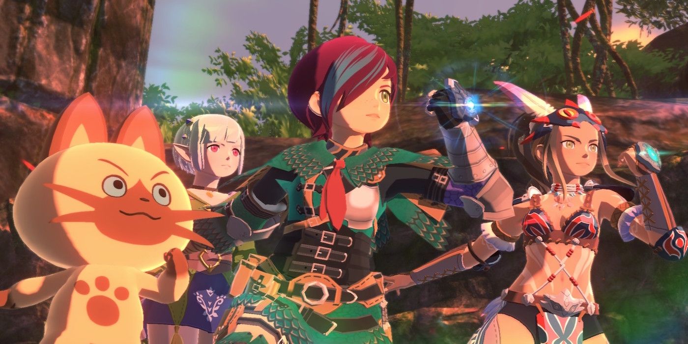 A cutscene featuring multiple characters from Monster Hunter Stories 2