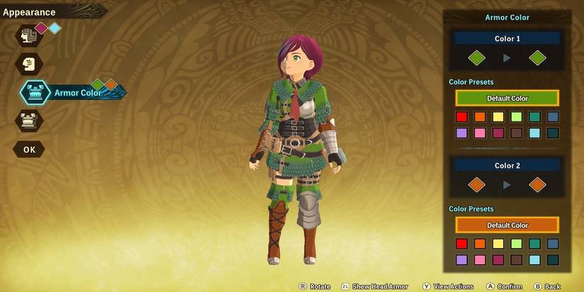 The armor color menu from Monster Hunter Stories 2
