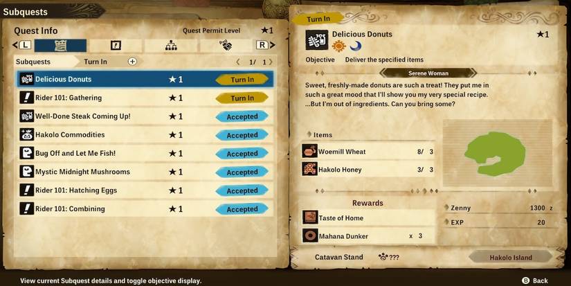 The quest menu from Monster Hunter Stories 2
