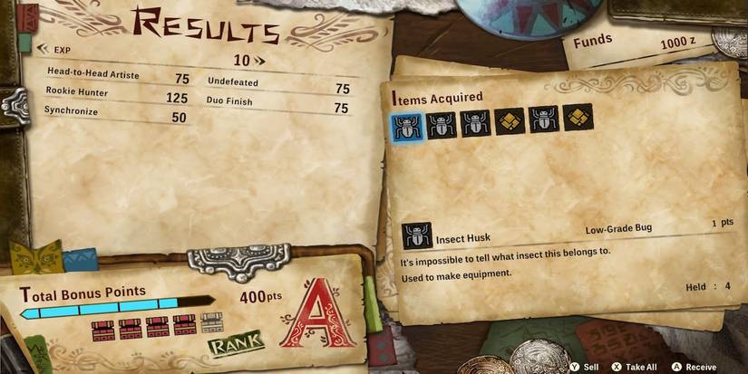 The battle results menu from Monster Hunter Stories 2