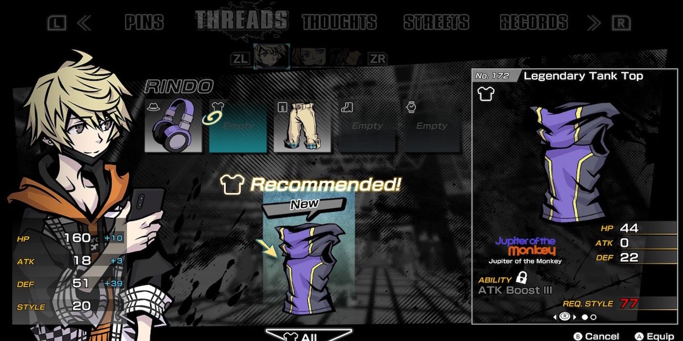 The item equip menu from Neo: The World Ends With You