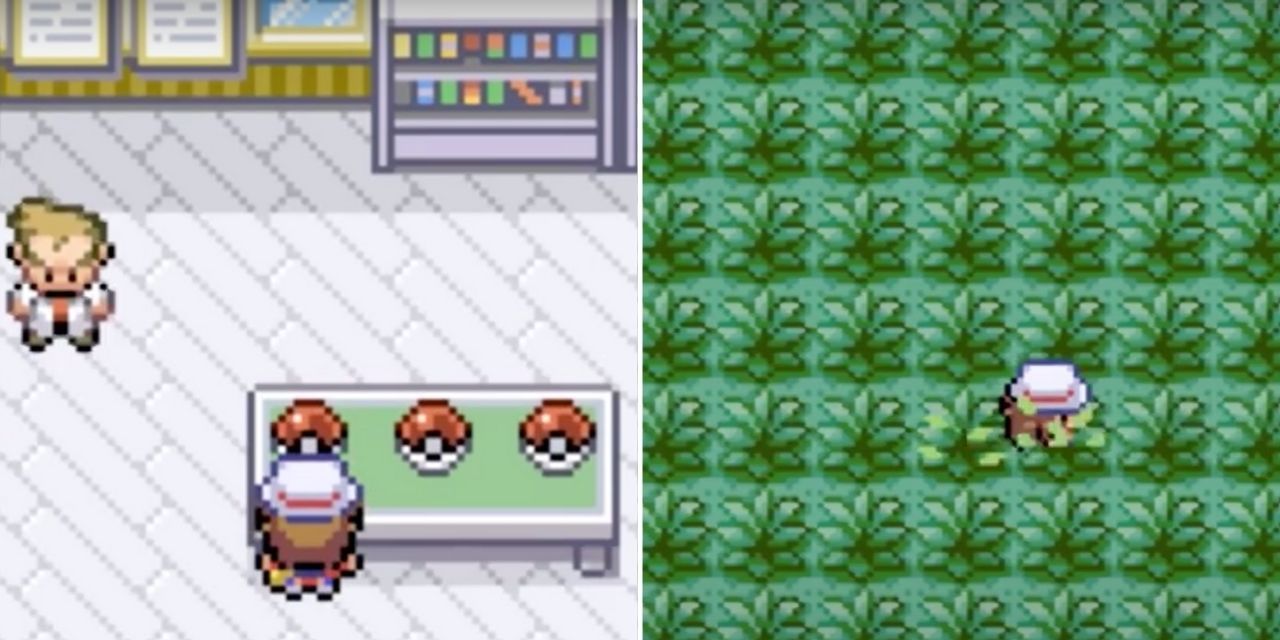 A split screen of choosing a starter Pokemon in leaf Green and running through pixel grass