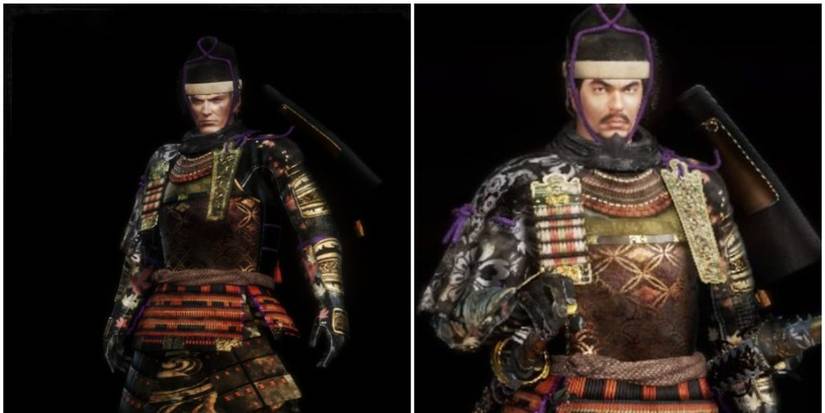 Split image of Master Swordsman armor and Ashikaga Yoshiteru from Nioh 2