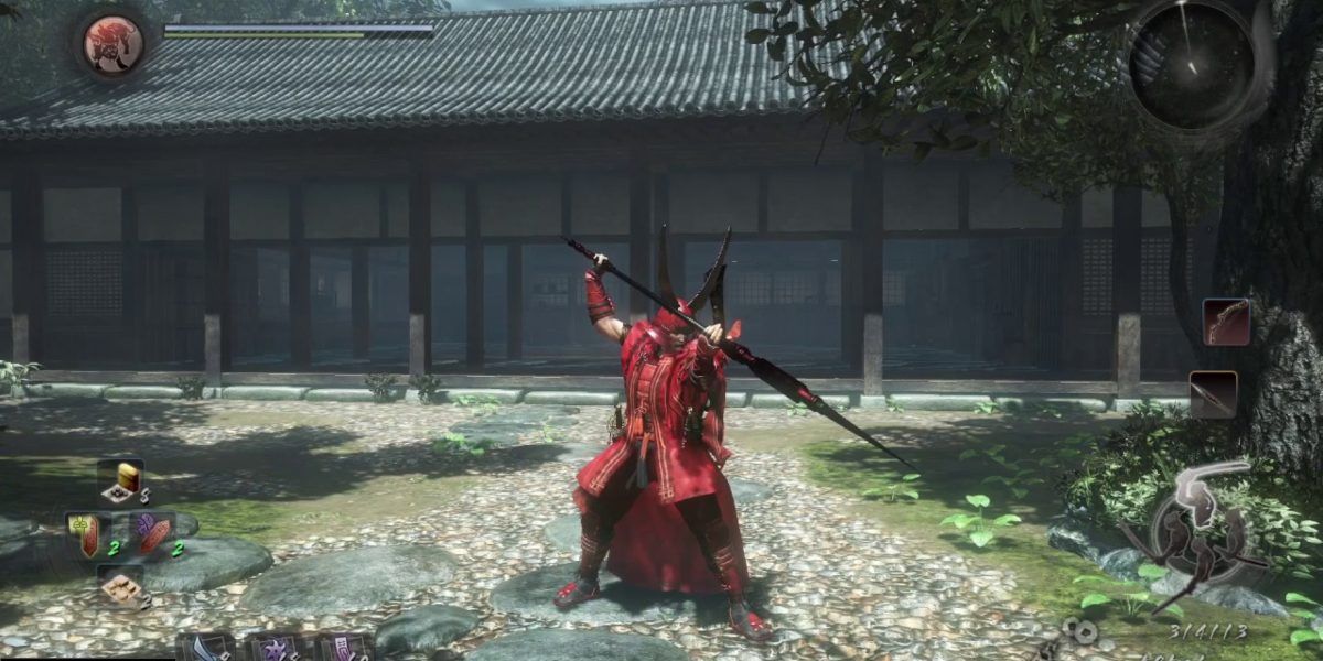 Player wielding a spear wearing Red Demon armor in Nioh 2