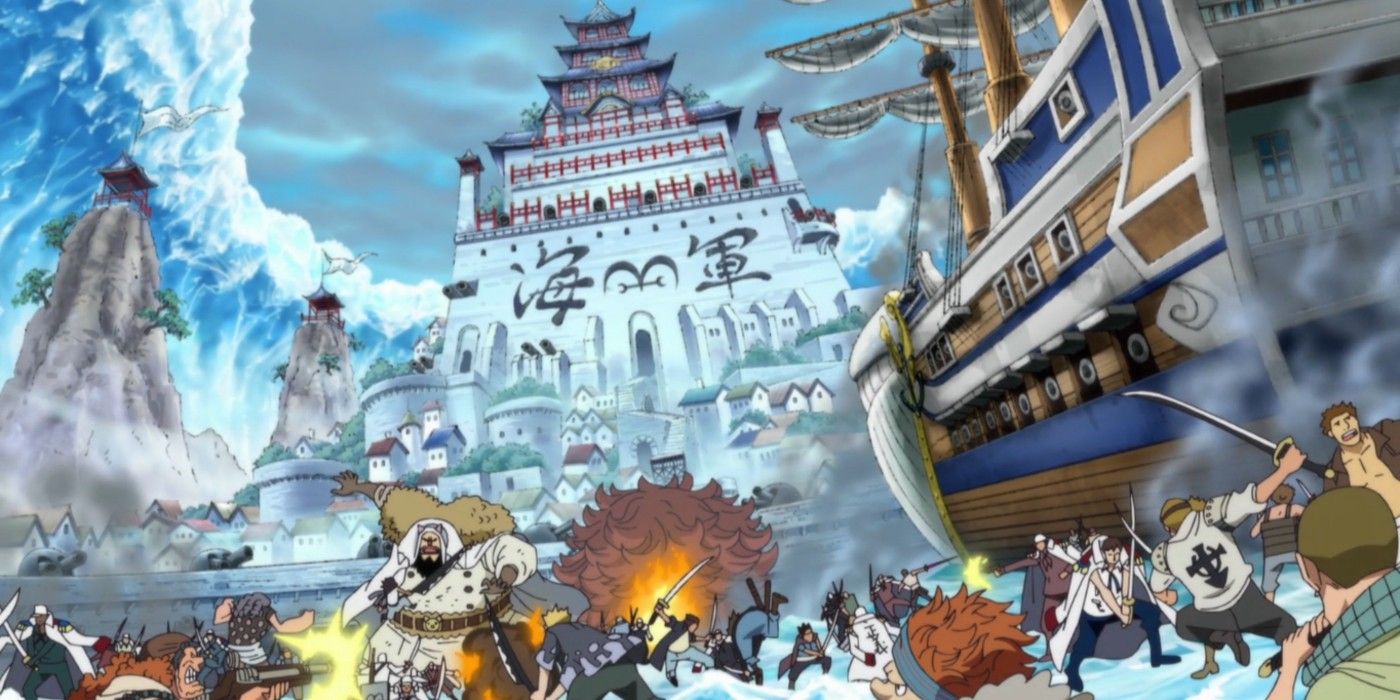 One Piece Marineford Arc Pirates And Marines Fighting In Front Of Building