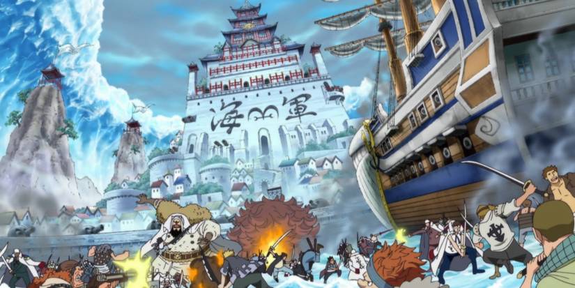 One Piece Marineford Arc Pirates And Marines Fighting In Front Of Building
