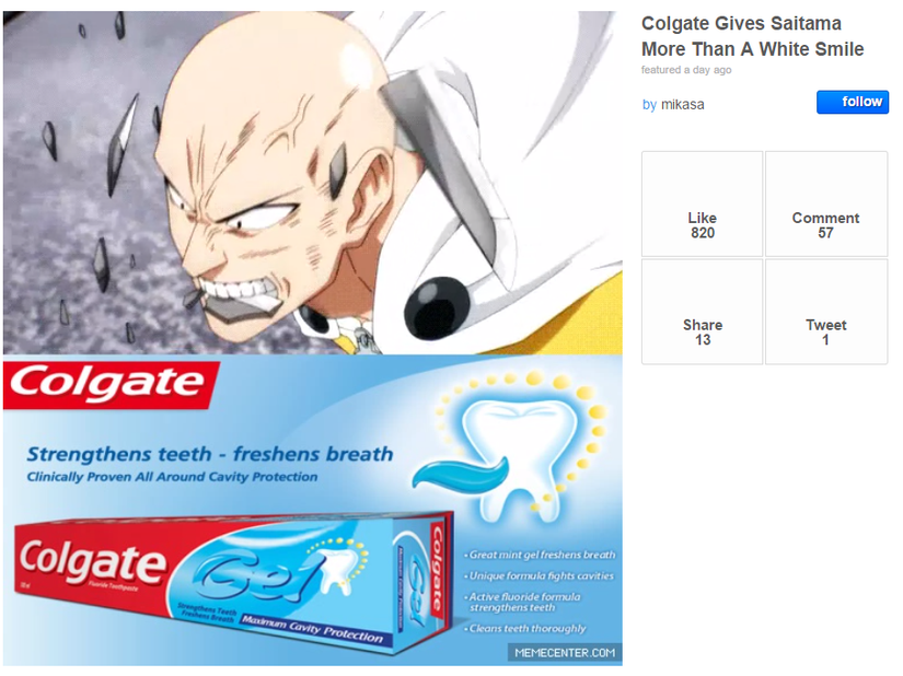 A meme with Saitama biting through a sword to advertise toothpaste.