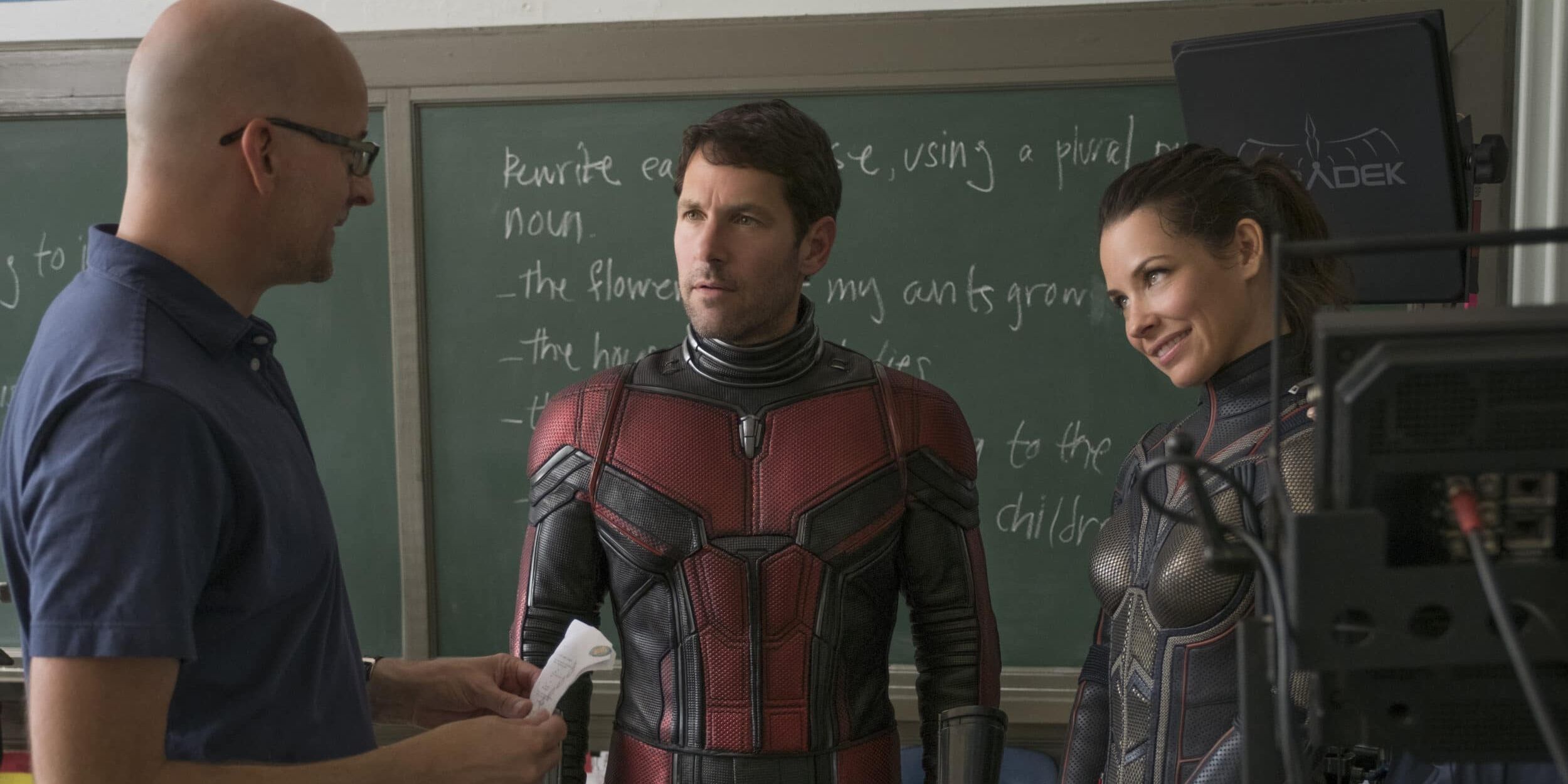 Peyton Reed, Paul Rudd, and Evangeline Lilly on the set of Ant-Man and the Wasp