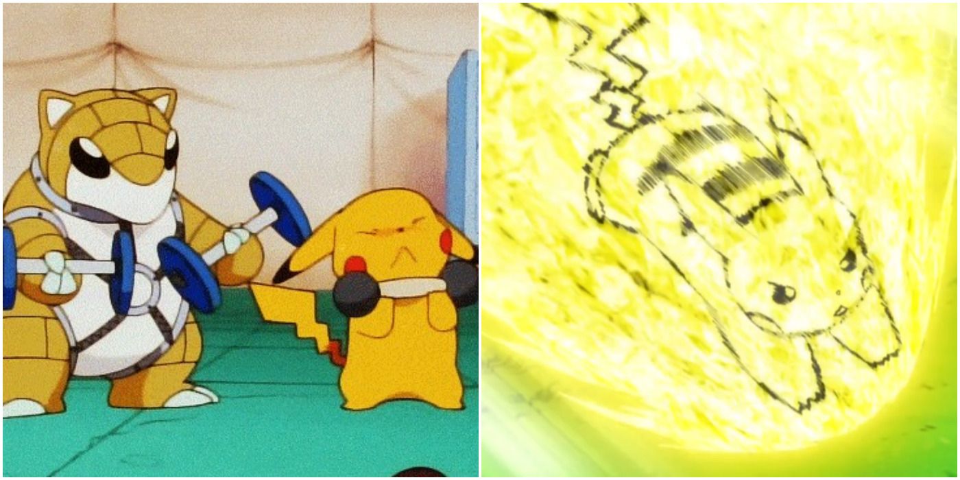 Pikachu and Sandshrew Lifting Weights, then Pikachu using Volt Tackle