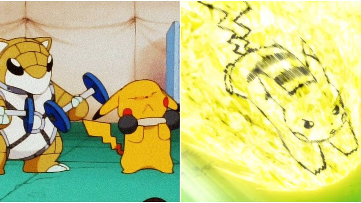 Pikachu and Sandshrew Lifting Weights, then Pikachu using Volt Tackle