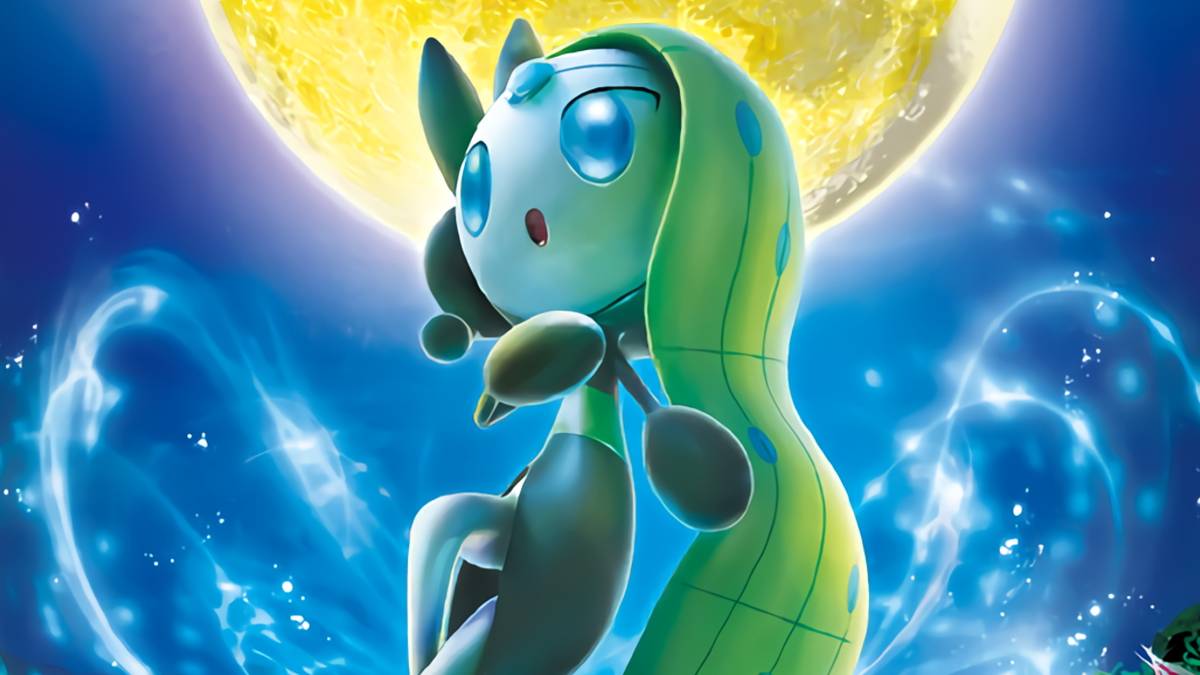 Pokemon Meloetta card art with dark sky and moon background