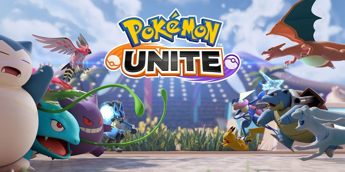 Two teams of Pokemon facing each other with the Pokemon Unite title card in the center
