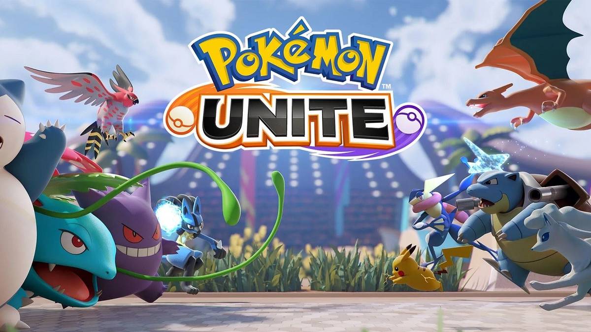 Two teams of Pokemon facing each other with the Pokemon Unite title card in the center