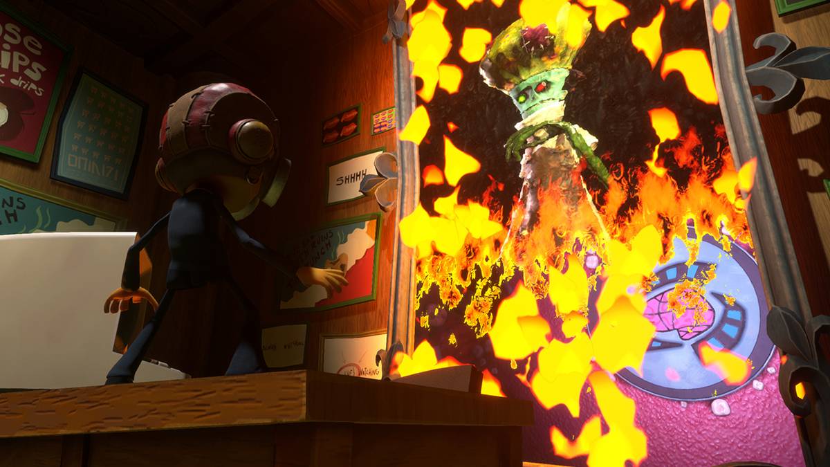 Raz lights a photo frame on fire with loboto inside