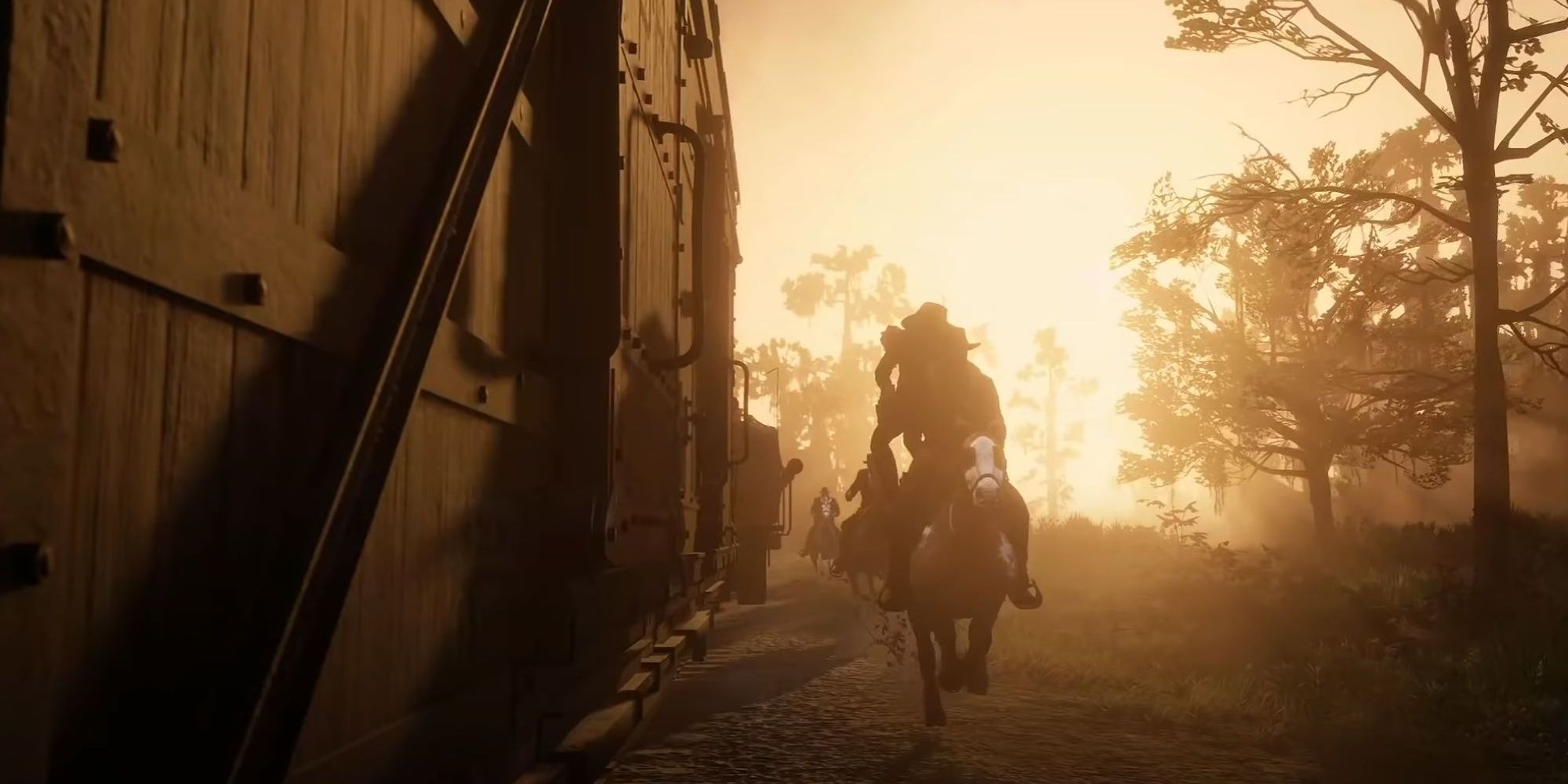 RedDead BloodMoney, group chasing train at sunset