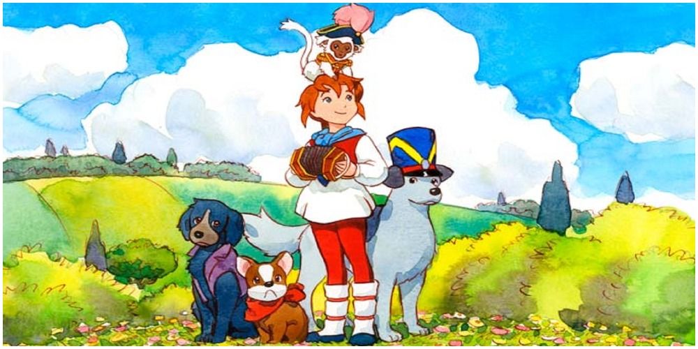 A boy with an accordion surrounded by several animals.