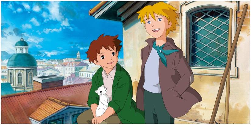 Two boys sitting on a roof with a white ferret.