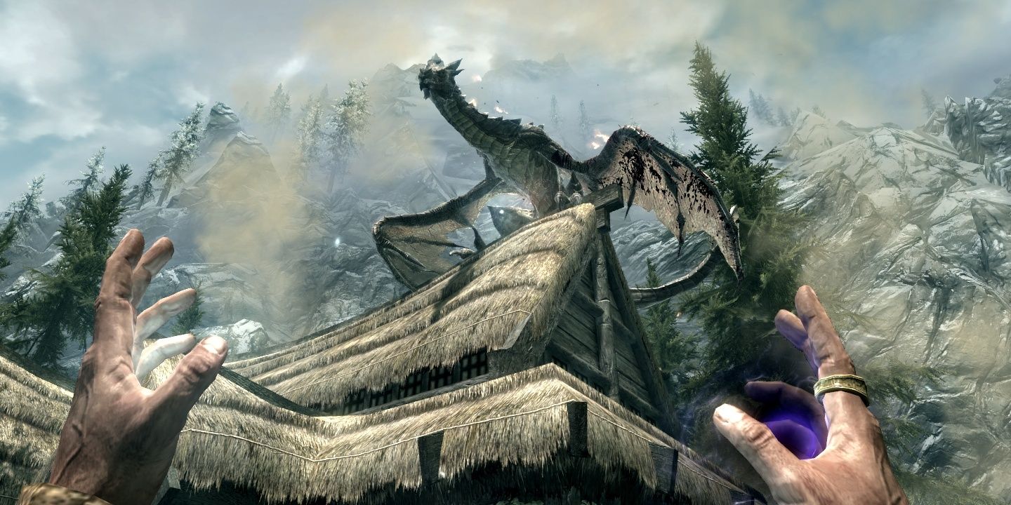 A dragon attack in Skyrim