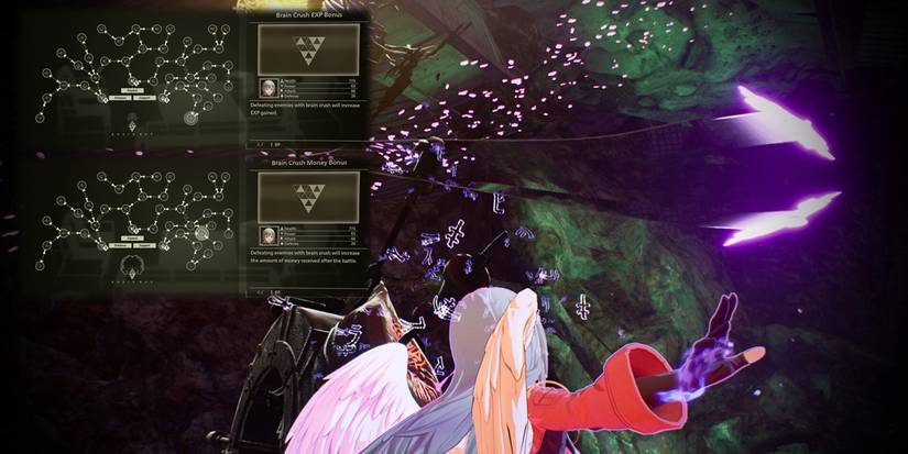 Scarlet Nexus - Both The Extra Money And Extra EXP Brain Map Brain Crush Skills Overlaid On Top Of An Image Brain Crushing An Enemy