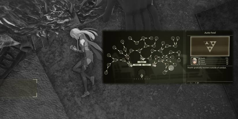 Scarlet - Nexus Kasane Defeated Mid-Battle With A Cutout Of The Auto-Heal Brain Map Skill Overlaid On Top