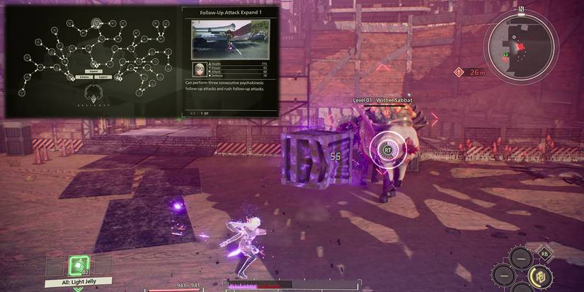 Scarlet Nexus - Kasane Using A Follow Up Attack On A Sabbat With The Follow Up Attack Expand Brain Map Skill Overlaid On Top